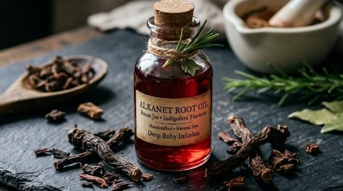 Traditional Ratan Jot (Alkanet Root) red herbal oil preparation